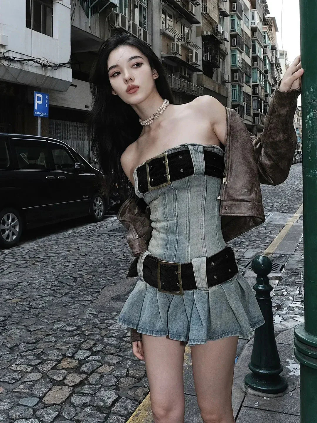 Vintage Y2k Strapless Denim Dress Bodycon Korean Kpop Belt Pleated Mini Dress 2000s Streetwear