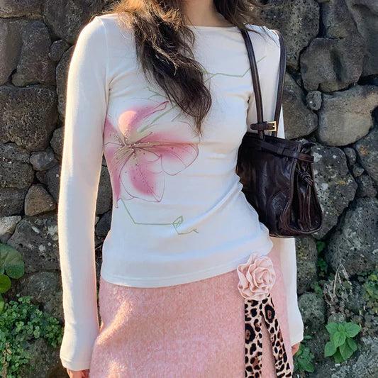 Fairy Coquette Top y2k Clothing Rhinestone Floral Print Round Neck Long Sleeve T Shirts 2000s Clothes Streetwear