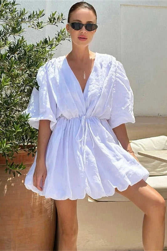 V-Neck Pleated Lace-Up Mini Dress