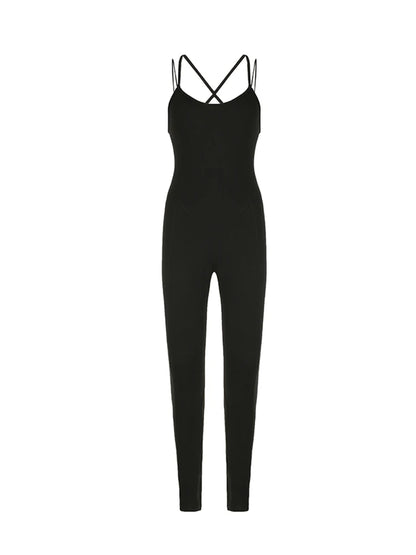 Cross Backless Cut Out Skinny Sexy Sleeveless Black Rompers Womens Jumpsuit Casual Sportswear
