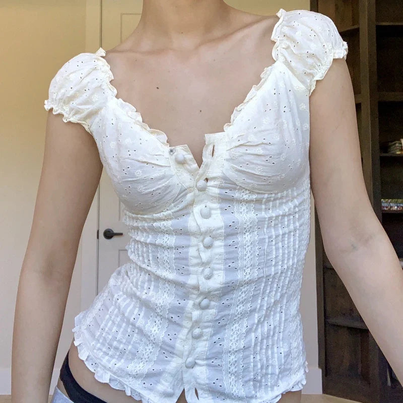 Floral Button V Neck Crop Top