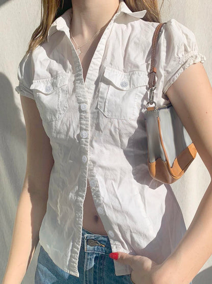 Single Breasted Puff Sleeve White Shirts For Women Button Turn Down Collar Pockets Simple Casual Safari Style Tops