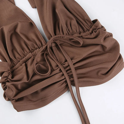 Sexy retro lace up Y2K half cut top women’s summer 90s backless camouflage top T-shirt