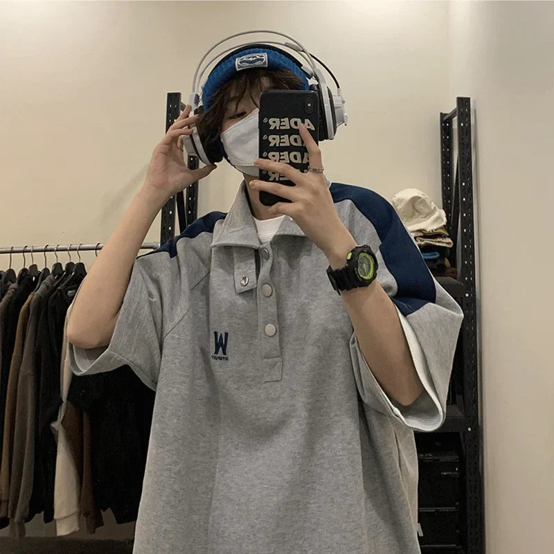 Short-sleeved polo shirt half high lapel T-shirt trendy brand trend versatile five-point half sleeve y2k tops