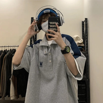Short-sleeved polo shirt half high lapel T-shirt trendy brand trend versatile five-point half sleeve y2k tops
