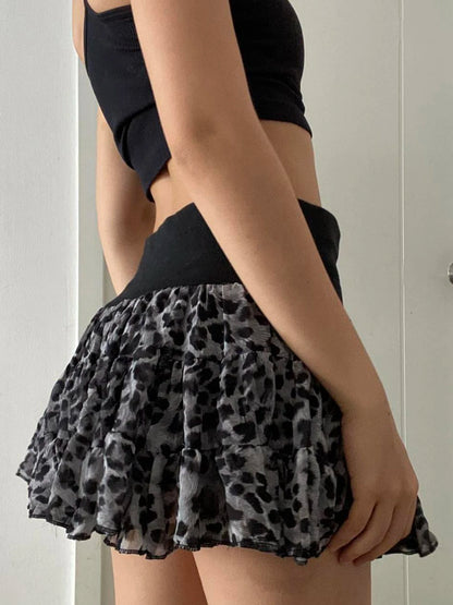 Y2k Leopard Contrast Patchwork Puff Skirt Women s Trendy Clothes All-Match Chiffon Mini Skirt Hotsweet