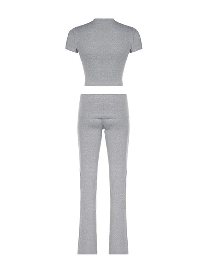Gray Solid Slim Basic Sports Sexy 2 Pieces Yoga Sets Women O Neck Short Sleeve Tee & Chic Low Waist Skinny Pants Tracksuit S-XL