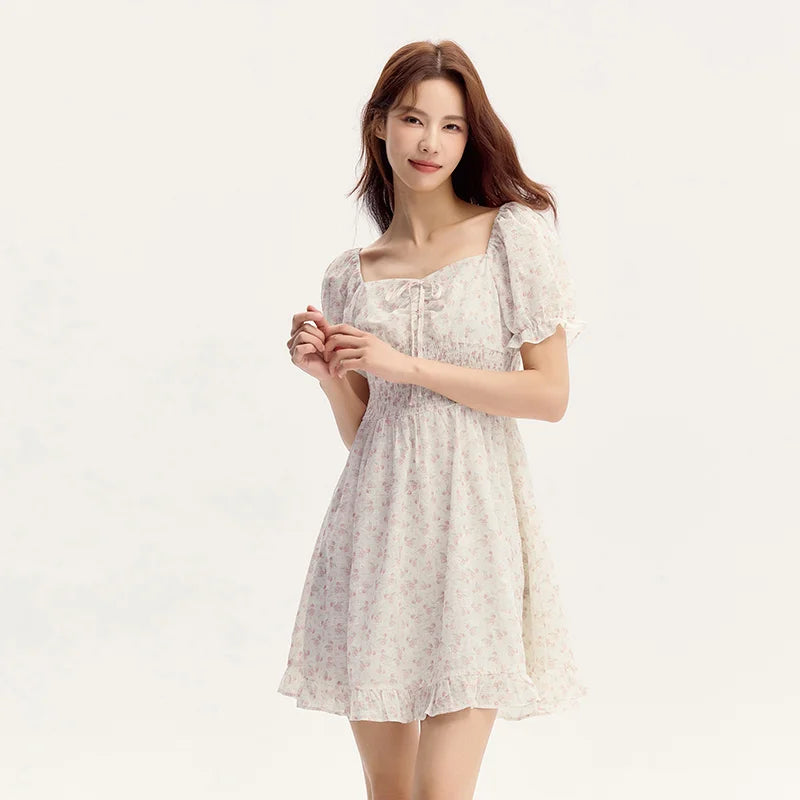 Ruffled Hem Chiffon Mini Skirt Women Floral Print Short Dress  New Square Neck Waist-drawing Romantic Dress