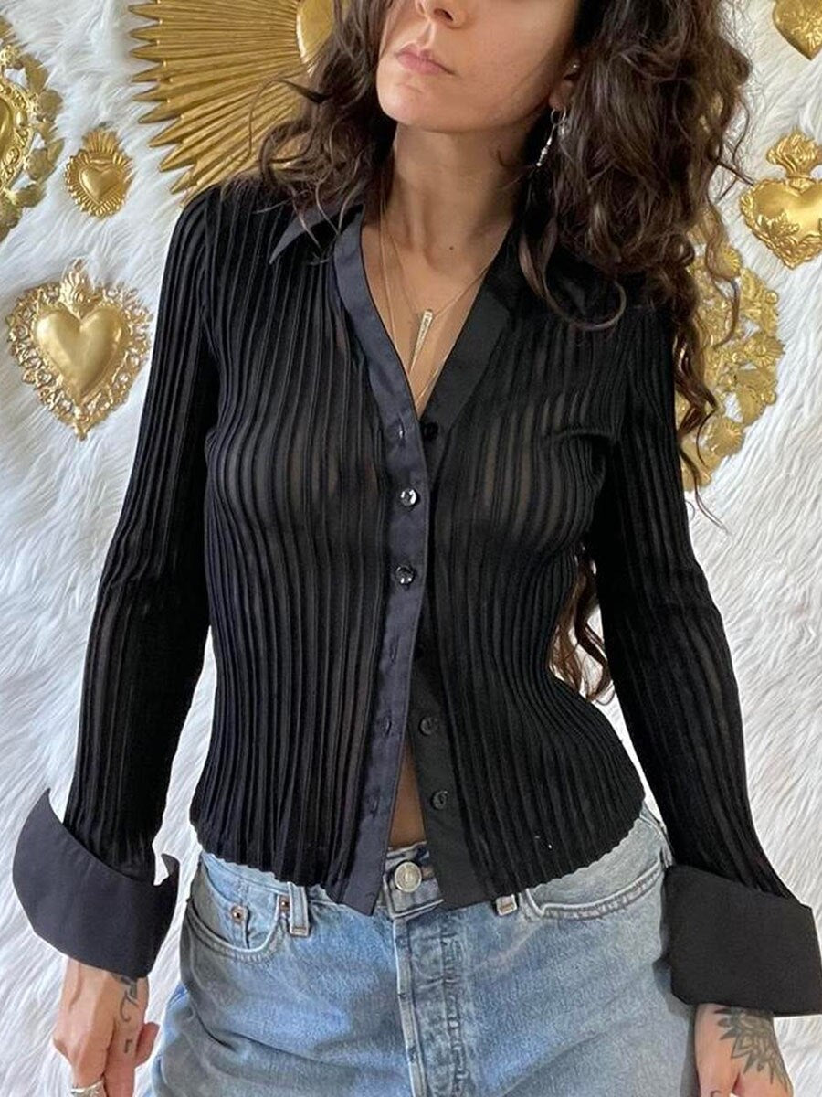 Y2K Sheer Mesh Crop Tops Long Flare Sleeve See Through Blouses Low Cut Cardigan Shirts Trendy Streetwear