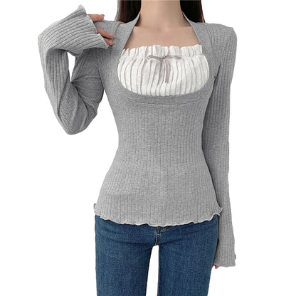 Elegant Lady Square Collar T Shirt Kawaii Clothes Fairy Grunge Long Sleeve Ribbed Tops y2k Tees 2000s Women Streetwear