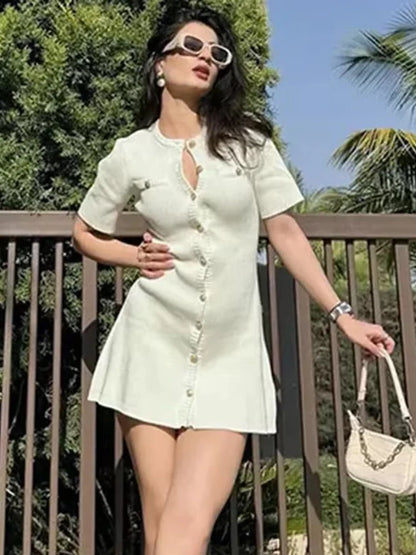 White Elegant Knitted Mini Dress For Women Metal Button Sexy Slim Rib Sweater Dress Holiday Party Outfits Autumn  New
