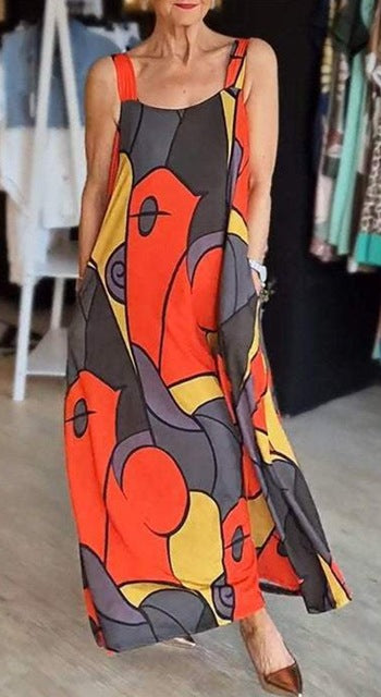 Print Spaghetti Strap Dresses Women Fashion Casual Pocket Loose Long Dress Lady Commuting Clothing Maxi Vestidos 2025 Summer New