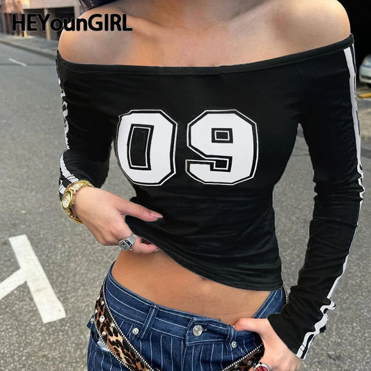 Fashion Contrast Digital Print Long Sleeve T-shirt Off Shoulder Black Y2K Side Striped Crop Top Harajuku Korean Style