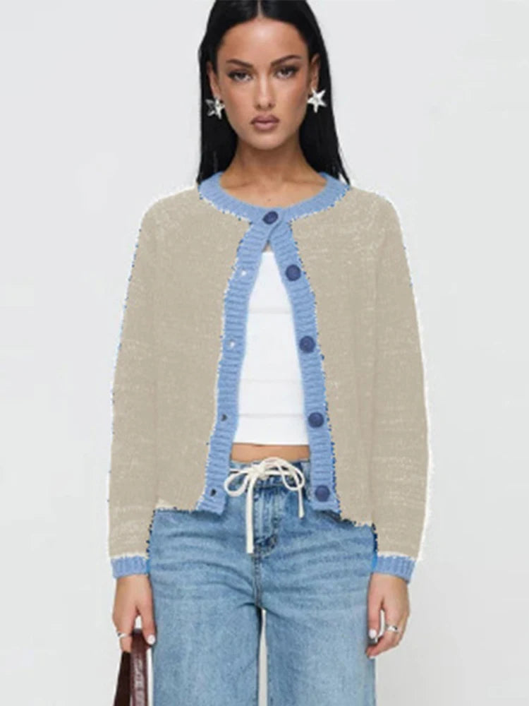 Casual Knitted Single-Breasted Cardigan Women Loose Contrast Color O-neck Pullover Sweaters Female Autumn Chic Street Tops