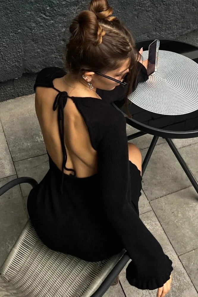 Lace-Up Long Sleeve Mini Dress with High Waist