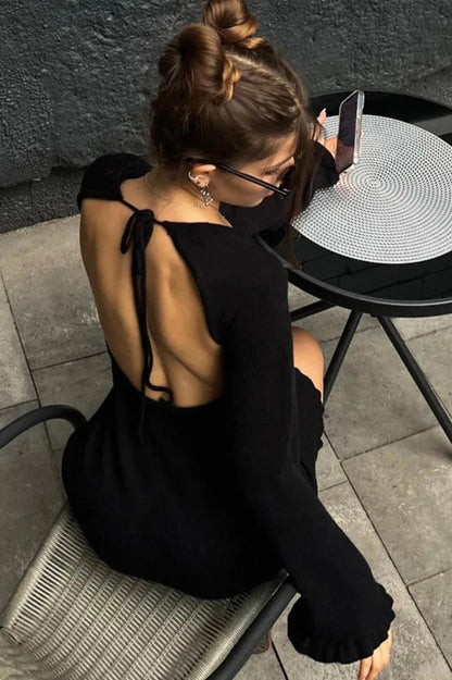 Lace-Up Long Sleeve Mini Dress with High Waist