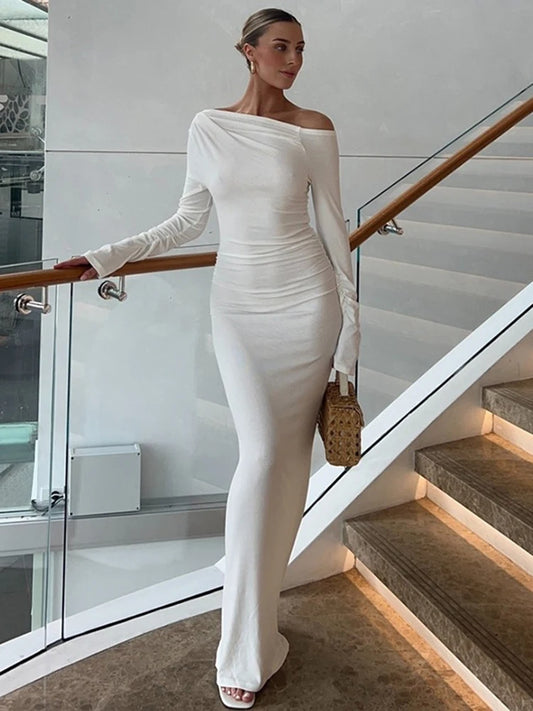 White Skew Collar Long Sleeve Maxi Dress For Women  Autumn Winter New Bodycon Elegant Party Dress Female High Waist