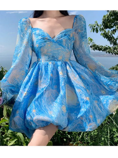 Elegant Printed Short Dresses for Women Backless Holiday Beach Style Lantern Sleeves A-line Floral Mini One Piece Vestido Mujer