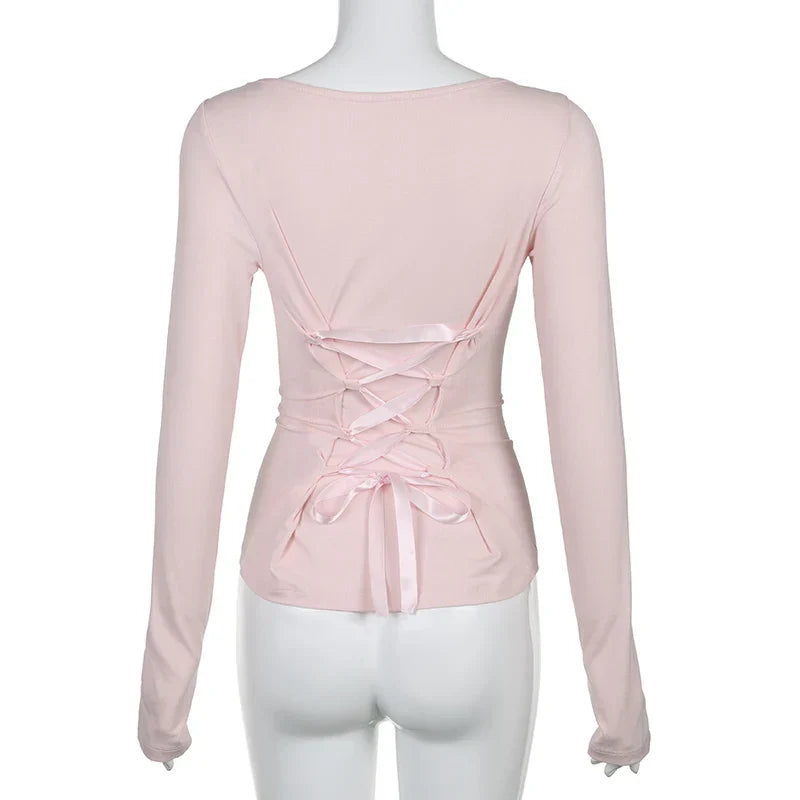 Voguable   Lolita Style Back Ribbons Tie-up T-shirts Y2K Slim-fit Knitted Tops Pink Sweet Casual Basic Tees Japanese