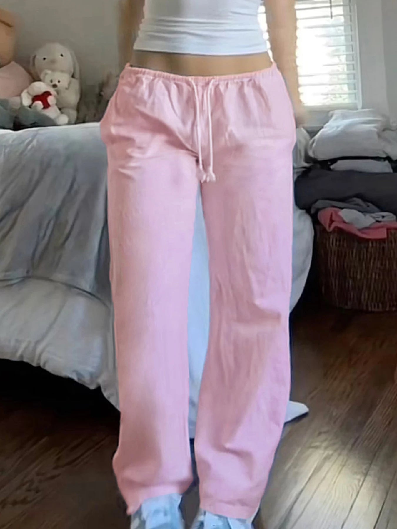Pink Solid Loose Casual Woven Straight Leg Pants Women Drawstring Low Waist Y2K Baggy Jogging Trousers