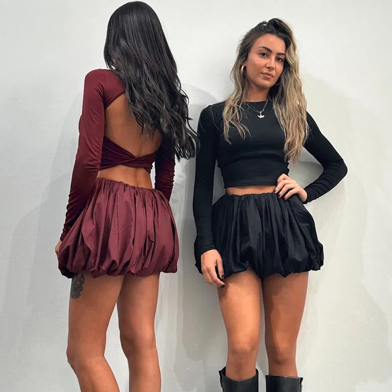 Woman Skirt Two Pieces Set Tight Backless Twist Crop Top High Waist Bud Skirt Elegant Suit Solid Lady Autumn Fashion New
