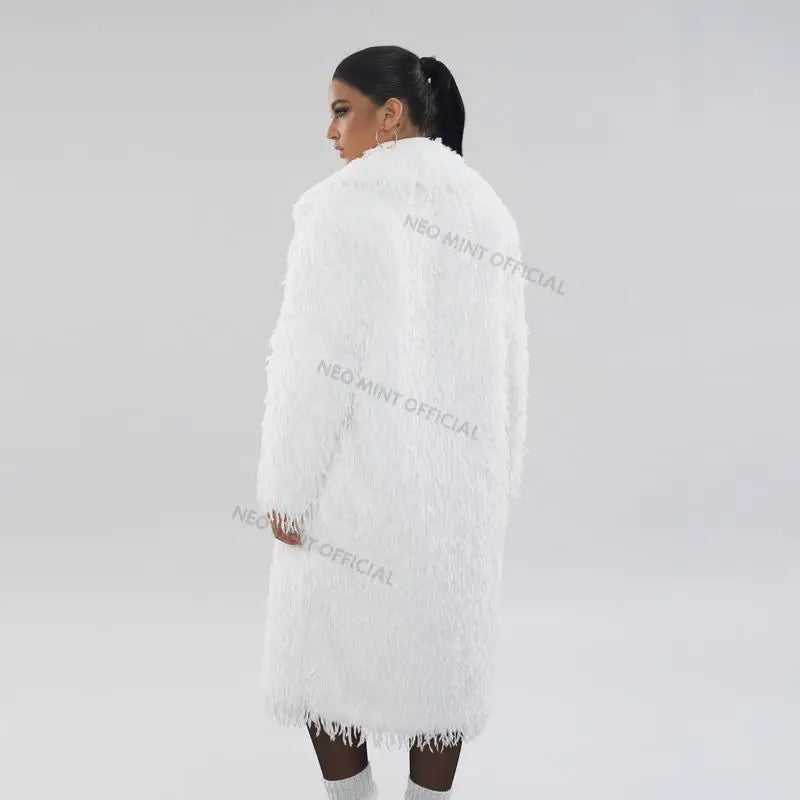 High Street Feathers Eco Fur Coat Women  Winter Lapel Faux Fox Fur Jacket Solid Long Fluffy Fur Overcoat Female