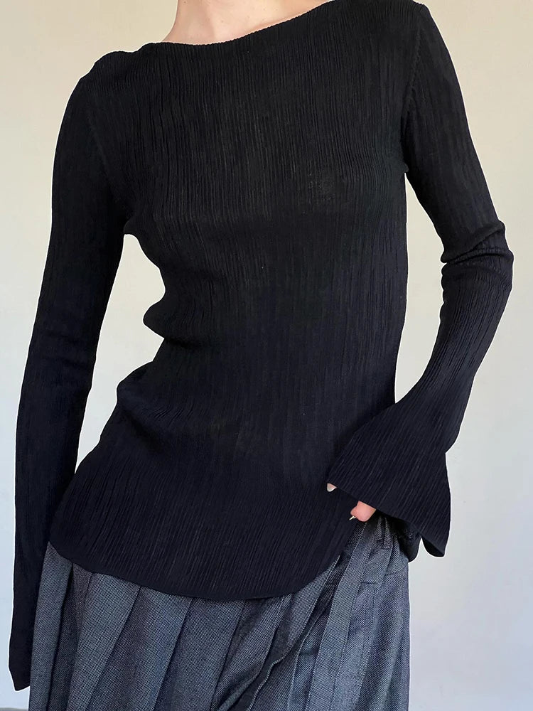 Black Solid Slim Flared Sleeve Elegant T Shirt Women Simple Basic Fashion Spring Autumn Knitted Top Tees