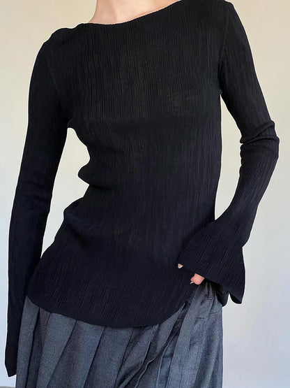Black Solid Slim Flared Sleeve Elegant T Shirt Women Simple Basic Fashion Spring Autumn Knitted Top Tees