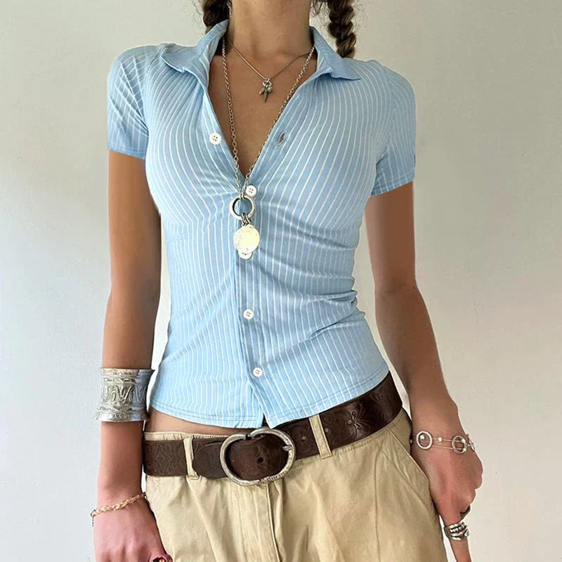 Casual Striped Print Blouse Button Up Short Sleeve Basic Knitted Crop Tops y2k Aesthetic Basic T-shirts Streetwear