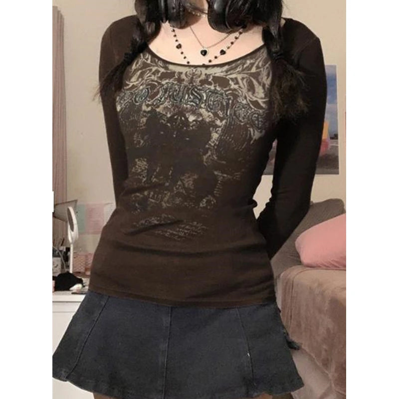 Goth Punk Grunge T Shirt Vintage Aesthetic Graphic Letter Print Long Sleeve Tops y2k Women Clothes 2000s Streetwear