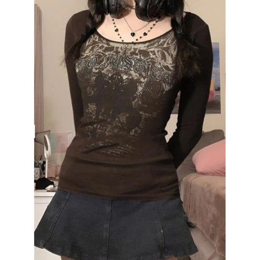 Goth Punk Grunge T Shirt Vintage Aesthetic Graphic Letter Print Long Sleeve Tops y2k Women Clothes 2000s Streetwear