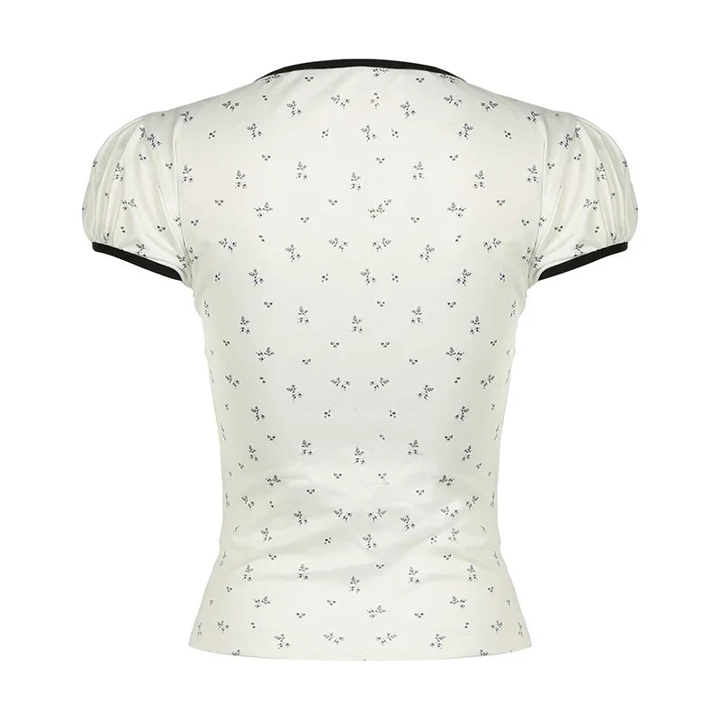 Voguable  Y2K Floral Print T-shirt Contrast Color Lace-up Square Collar Short Sleeve Tops French Style Cute Tees
