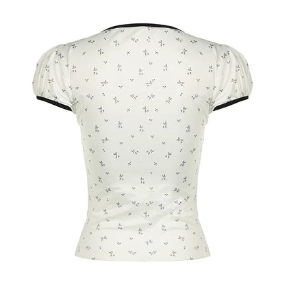 Voguable  Y2K Floral Print T-shirt Contrast Color Lace-up Square Collar Short Sleeve Tops French Style Cute Tees
