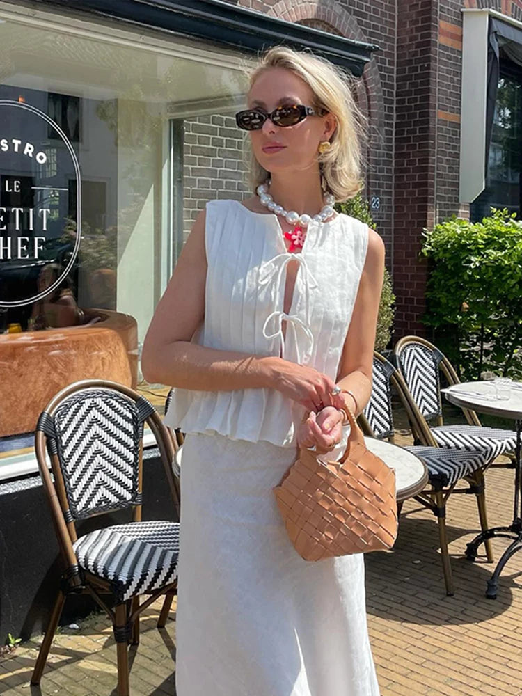 Elegant White Lace Up Tops For Women Pleated O-neck Sleeveless Ruffles Tank  Summer New Chic Lady Party Vacation Vest
