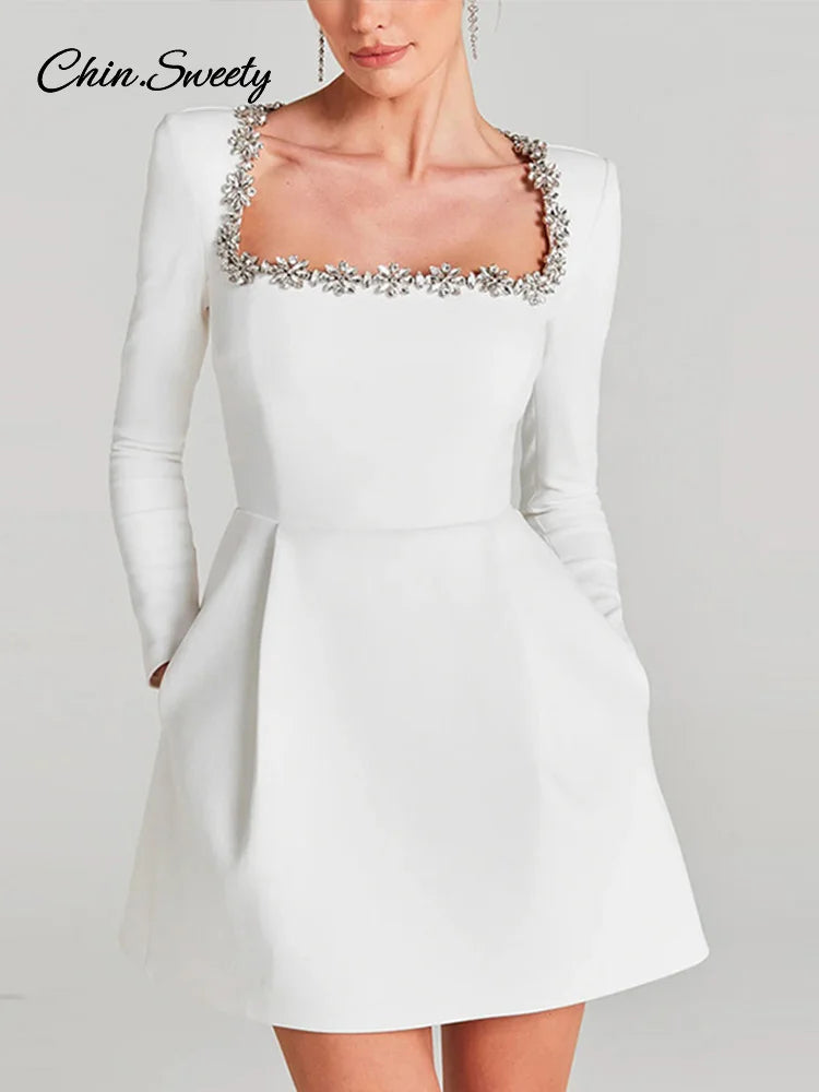 Velvet Square Collar Beading Long Sleeve Dress Women High Waist Slim A-line Party Dresses  Lady Christmas Evening Gowns New