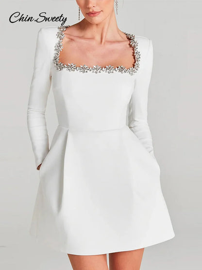 Velvet Square Collar Beading Long Sleeve Dress Women High Waist Slim A-line Party Dresses  Lady Christmas Evening Gowns New