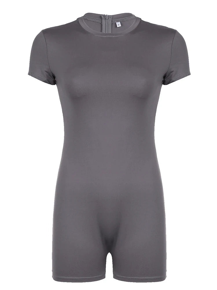 Back Zip Up O Neck Short Sleeve Skinny Sexy Gray Playsuits For Women Black Solid Basic Casual Sports Summer Rompers