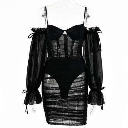 Voguable  Spaghetti Strap Long Lantern Sleeves Ruched Mini Dresses Woman Y2k Mesh Vintage Dress Club Party Vestidos