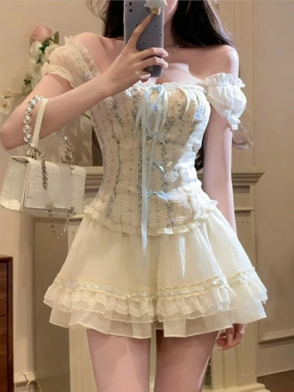 Y2K Two-piece Skirt Set Off Shoulder Square Collar Lace-up Cropped Top A-line Mini Skirt Sweet Summer New Slim Princess Outfits