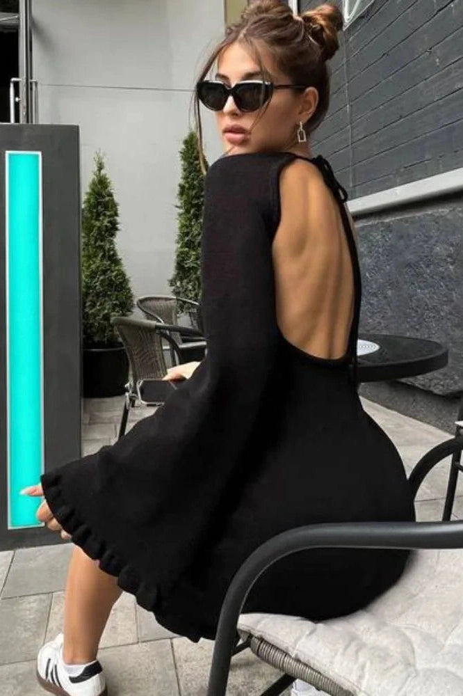 Lace-Up Long Sleeve Mini Dress with High Waist