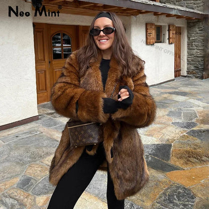 Luxury Brand Long Furry Faux Fur Coat Women  Winter Brown Vintage Gradient Thick Warm Outerwear Fluffy Fur Jacket