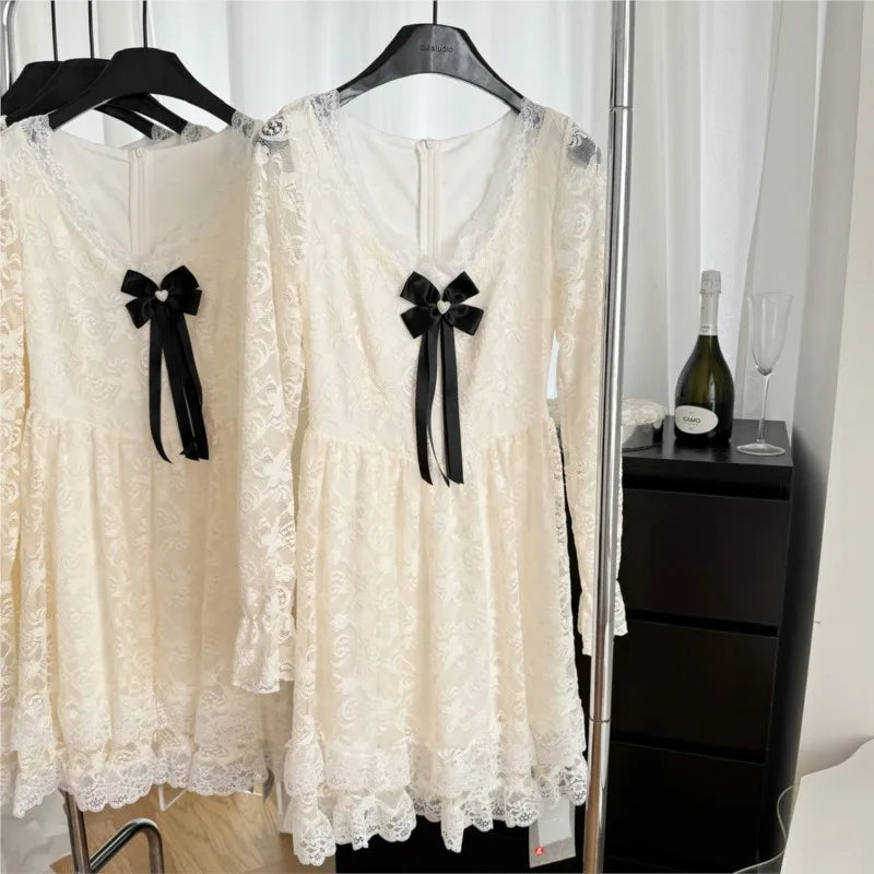 Elegant Lace Mini Dresses Women V-neck Long Sleeve Ruffles A-line Autumn New Sweet Korean Fashion Party Dress Female Vestidos