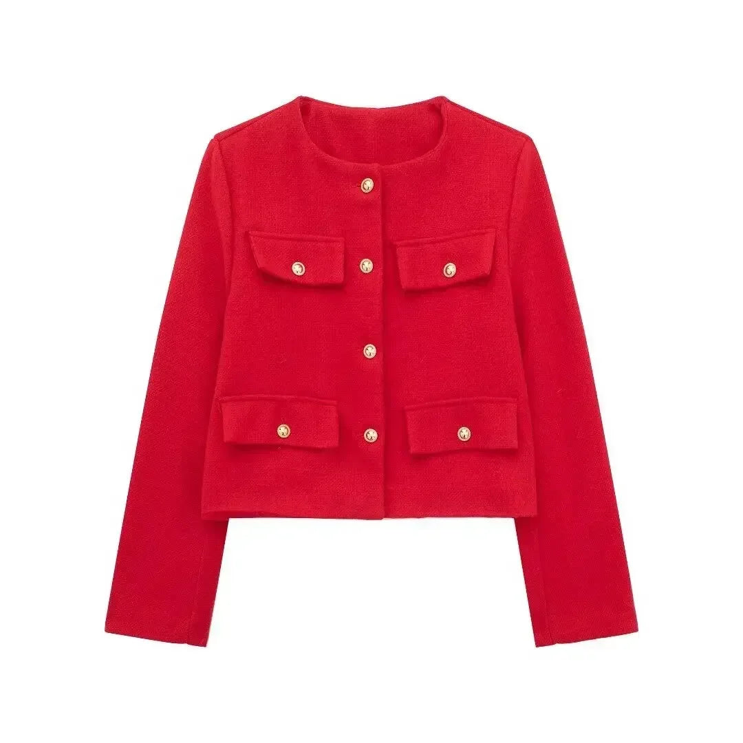 Elegant Solid Button Fake Pocket Jacket Women's Fashion O-neck Long Sleeve Single Breasted Cropped Coats New Lady Chic Outerwear