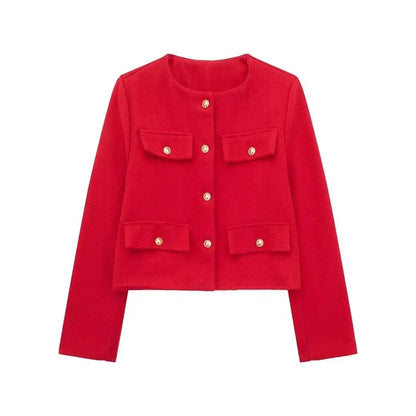 Elegant Solid Button Fake Pocket Jacket Women's Fashion O-neck Long Sleeve Single Breasted Cropped Coats New Lady Chic Outerwear