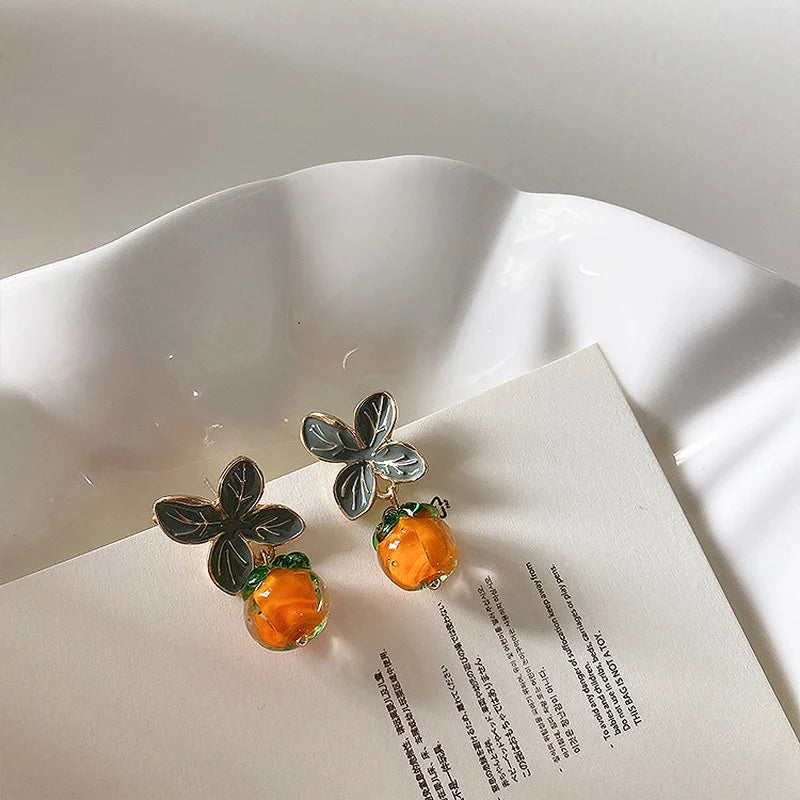 LIZAKOSHT Enamel Resin Persimmon Drop Earrings with Green Leaves for Women