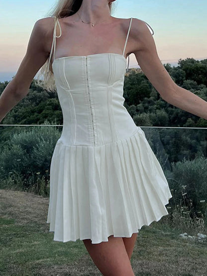 Sweet French Style White Spaghetti Straps A Line Pleated Dresses For Women Front Hook Closure Fit And Flare Mini Dress