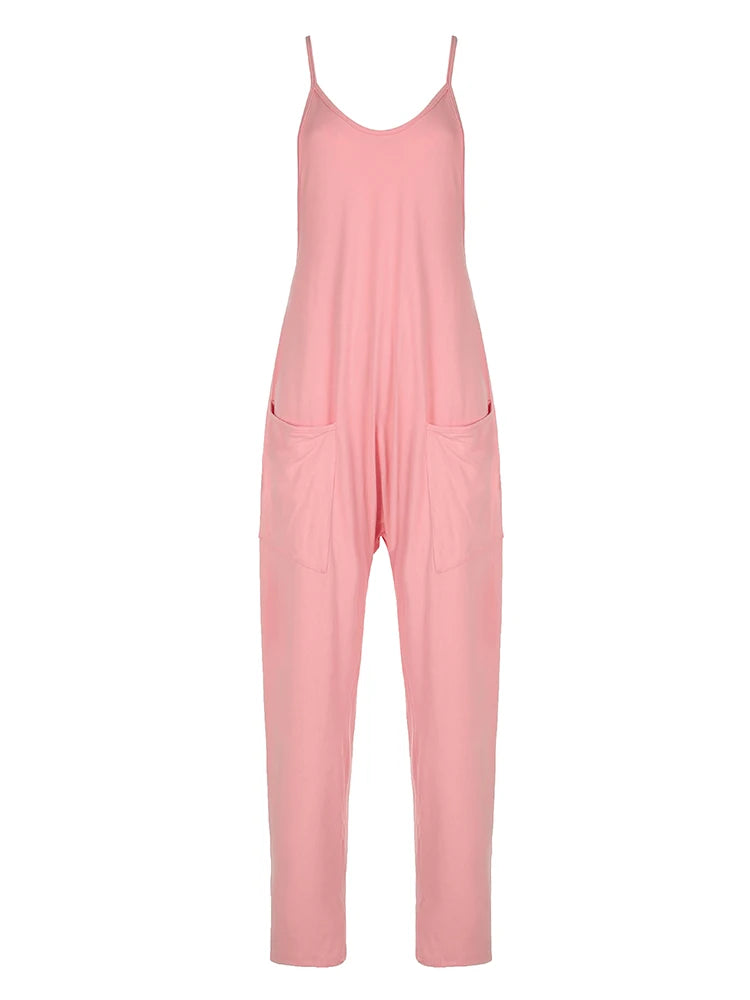 Solid Hippie Baggy Pockets Strappy Rompers Womens Jumpsuits Casual Streetwear
