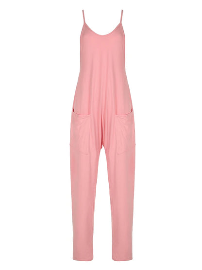Solid Hippie Baggy Pockets Strappy Rompers Womens Jumpsuits Casual Streetwear