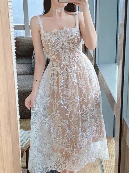 Square Neck Lace Embroidery Elegant Long Dress Fairycore Waist Sleeveless Camisole Dresses Women 2025 Spring Summer 23A8639