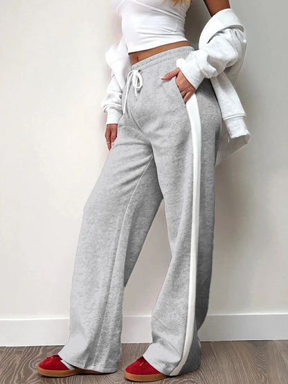 Gray Drawstring Elastic High Waist Casual Sweatpants Women Side Stripe Contrast Patchwork Black Loose Jogging Track Pants